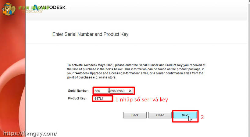 Nhập số Serial Number: 666-69696969 và Product Key: 657L1 sau đó nhấn Next