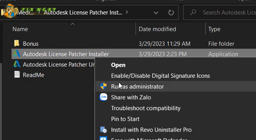 Sau khi cài xong, vào thư mục medicineAutodesk License Patcher Installer, chạy file Autodesk License Patcher Installer với quyền Admin (nhấn chuột phải chọn Run as administrator)