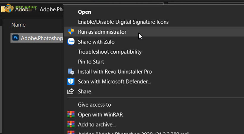 Chạy file Photoshop 2020 dưới quyền sdmin như hình.