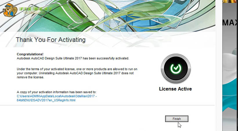 Chọn Finish hoàn tất cài sau khi tải 3DS MAX 2017