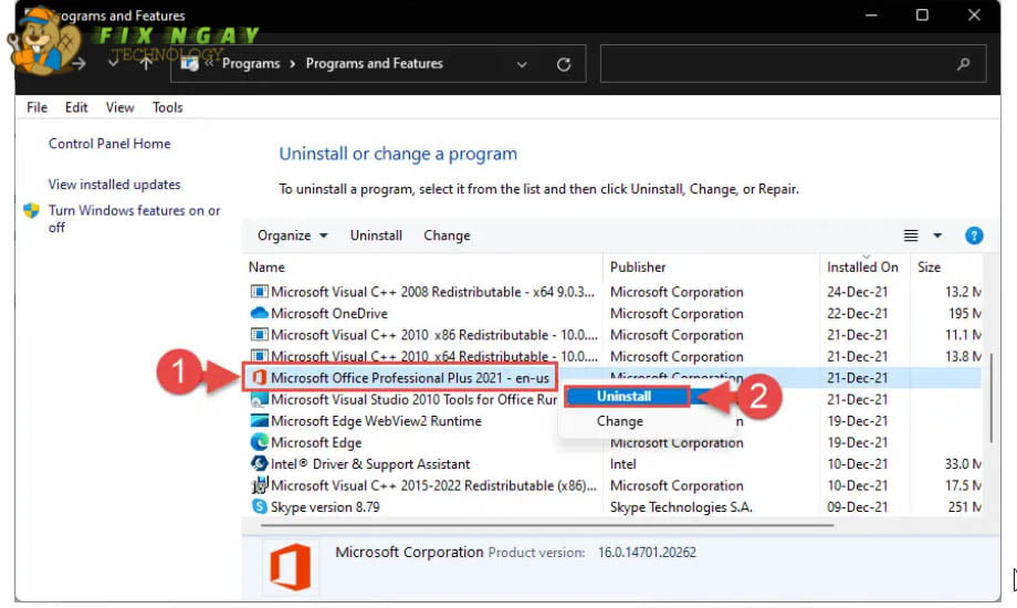 cách gỡ cài đặt Microsoft Office 2021 thông qua Thêm hoặc thay đổi chương trình trong Control Panel.