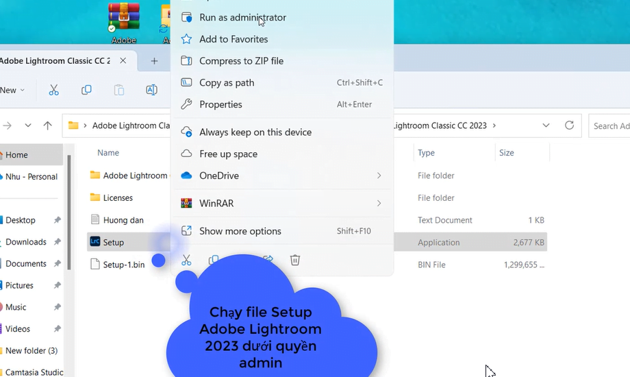 Chạy file Setup Adobe Lightroom 2023 dưới quyền admin