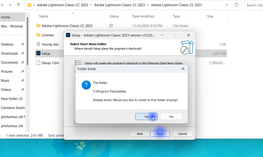 Chọn Yes để cài đặt Adobe Lightroom 2023