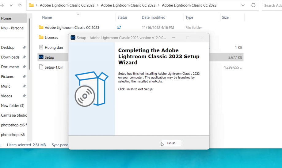 Chọn Finish hoàn tất cài đặt Adobe Lightroom 2023