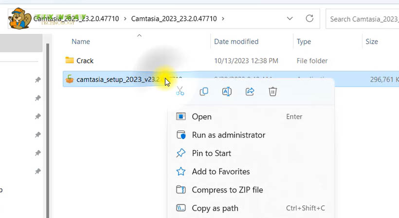 Chạy file setup camtasia 2023 dưới quyền Run As Admin