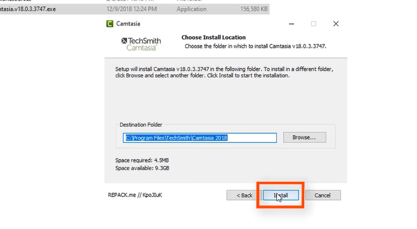 Mặc định sau đó nhấn Install để tiếp tục tải Camtasia 2018.