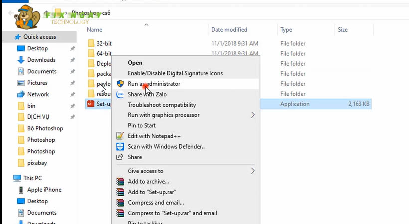 Mở File setup rồi chọn Run administrator để tải photoshop CS6