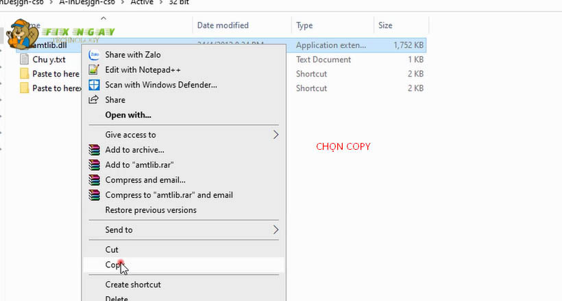 Nháy chuột phải chọn amtlib.dll để copy tải indesign cs6