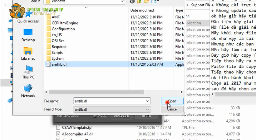 Chọn lệnh Amtlib.dll nhấn Open.  