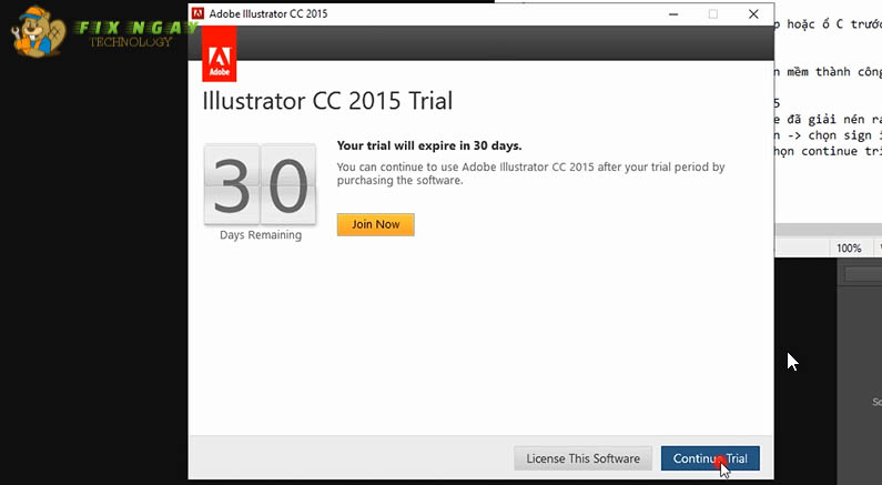 Illustrator CC 2015 Trial chọn Continue trial.