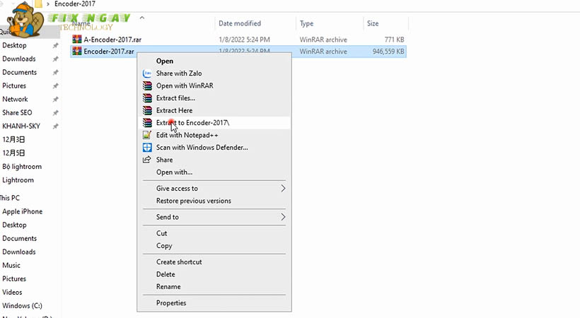 Nhấn chuột phải vào file nén rồi chọn Extract to encoder-2017.
