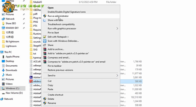 Xuất hiện file Adobe.snr.patch nhấp chuột phải chọn Run as administrator.