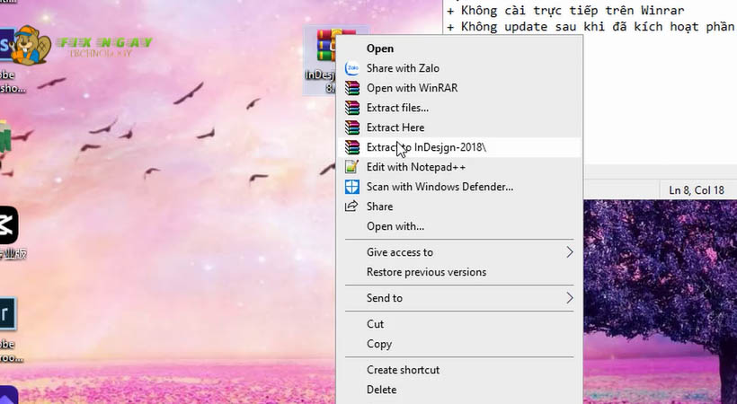 Trên màn hình có file nén tải indesign 2018 nhấn chuột phải chọn extract to indesign 2018 để giải nén 