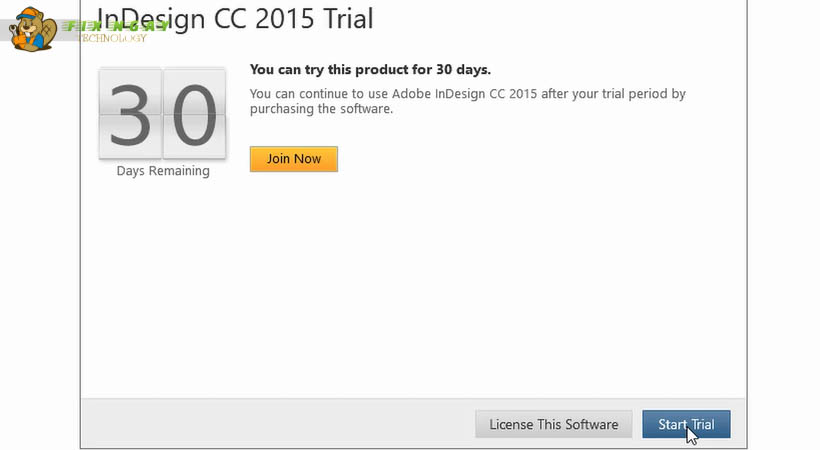 Chọn start trial để hoàn thành tải indesign 2015