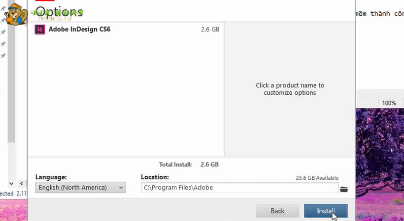 nhấn tiếp vào install để tải indesign CS6