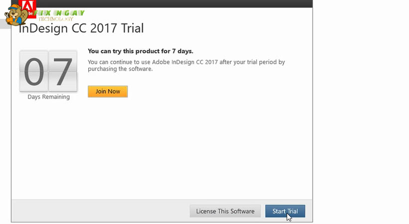 Nhấn start trial để tiếp tục tải indesign 2017