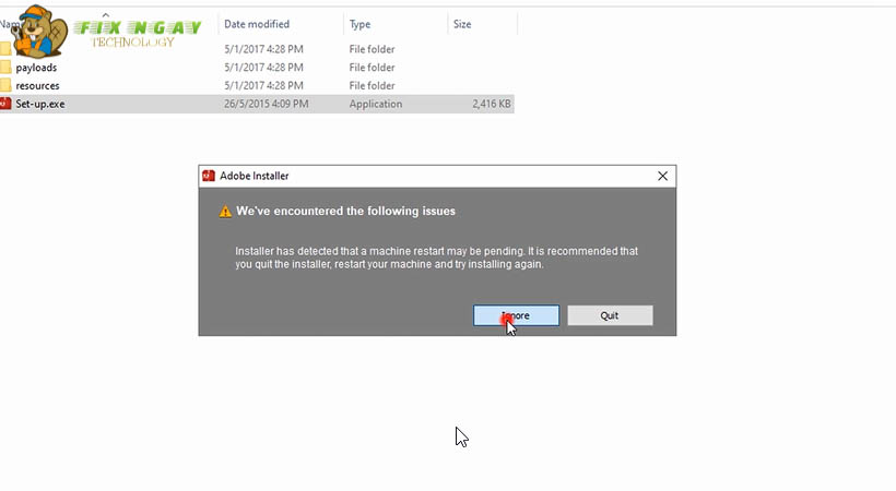 Xuất hiện trang Adobe Installer chọn Ignore.