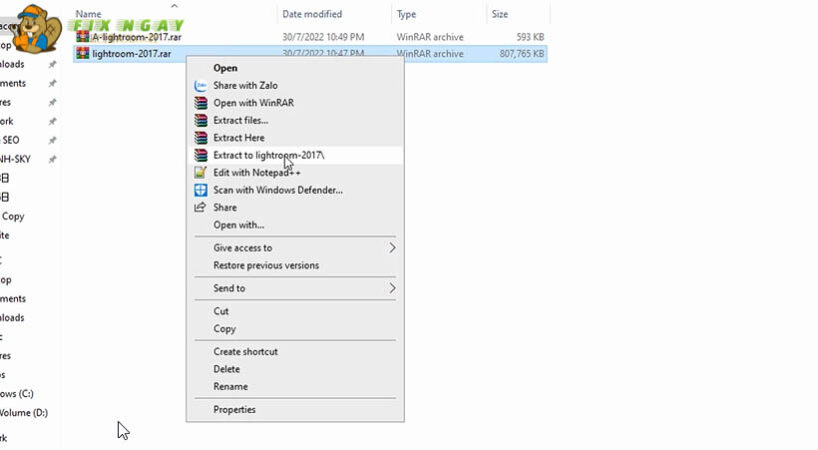 Nhấn vào Lightroom 2017-rar. Chọn Extract to lightroom-2017.