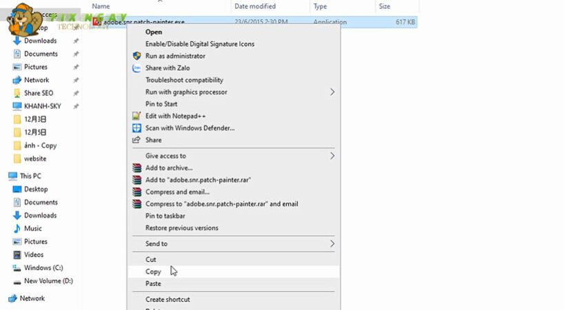 Nhấn chuột phải vào Adobe.snr chọn Copy.