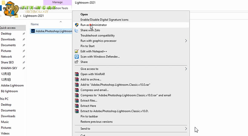 Mở file Adobe photoshop lightroom 2021 chọn Run as administrator.