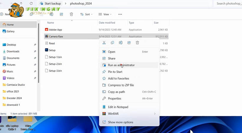 Chuột phải Camera Raw và ấn vào Run as administrator.