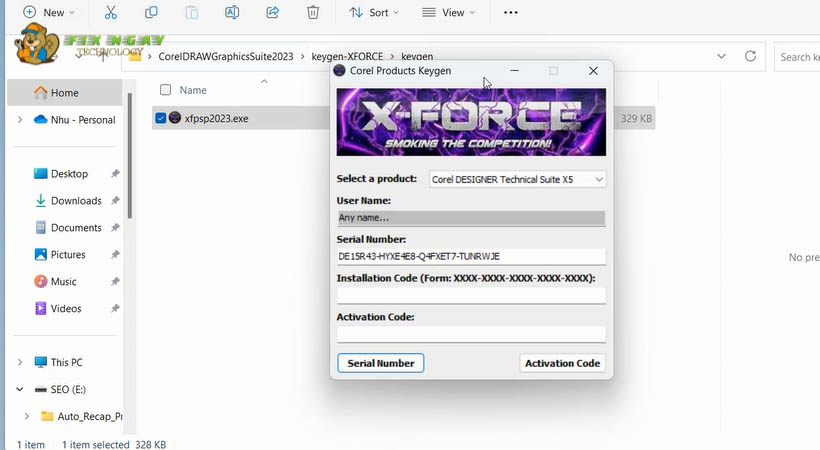 giải nén file file keygen-XFORCE.rar và chạy xfpsp2023 