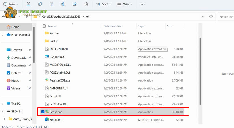 truy cập vào folder CorelDRAWGraphicsSuite2023x64 trong thư mục đã giải nén ở bước 1 và chạy file Setup.