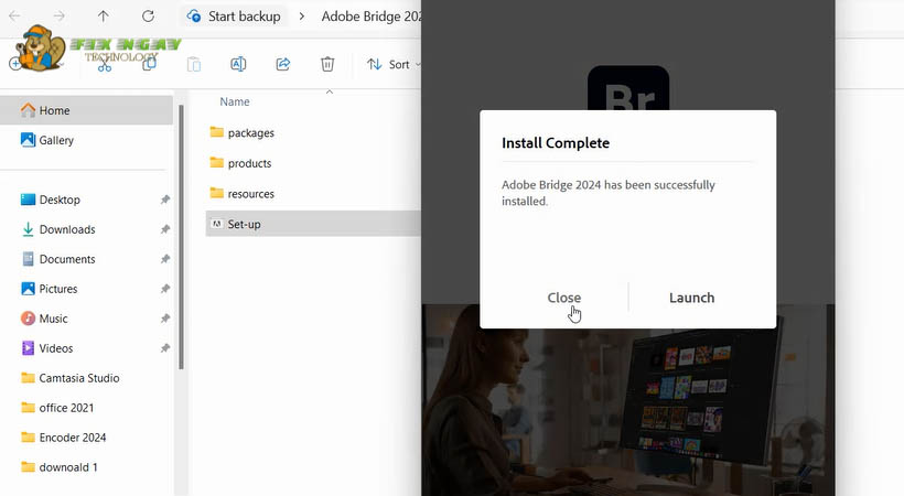 Chọn Close để hoàn tất việc cài Adobe Bridge 2024