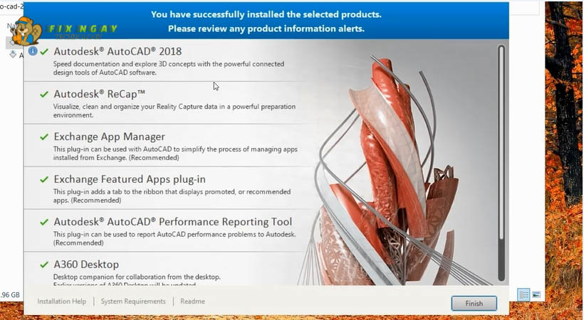 Chọn Finish Tải Autocad 2018