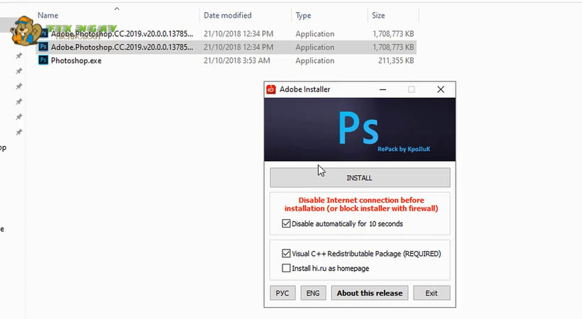 Chọn như hình và chọn Install Tải Photoshop 2019